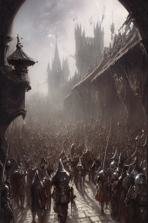 Prompt: medieval parade of knights, by wlop, by luis royo, by peter mohrbacher, concept art, digital illustration, intricate, masterpiece, elegant, super detailed, unreal engine rendering, smooth, sharp focus, artstation hq