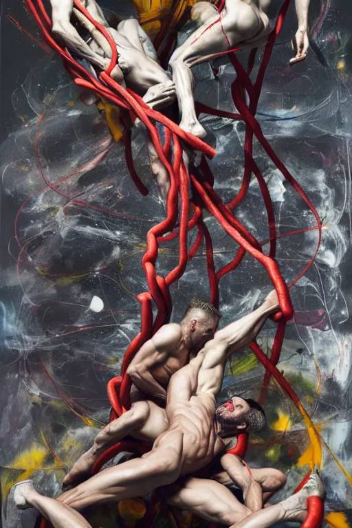 Image similar to muscular men entwined together, floating in space, zero gravity, inside a brutalist space ship, gothic, rich deep colours, painted by francis bacon, adrian ghenie, james jean and petra cortright, part by gerhard richter, part by jenny saville, part by takato yamamoto. 8 k 3 d epic