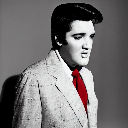 Prompt: elvis presley photo shoot, wearing a suit but the suit is made of fruit rollups, studio photography, 8 5 mm,