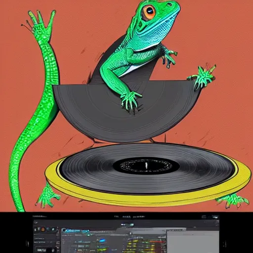 Image similar to a lizard dj, digital art, artstation, playing records