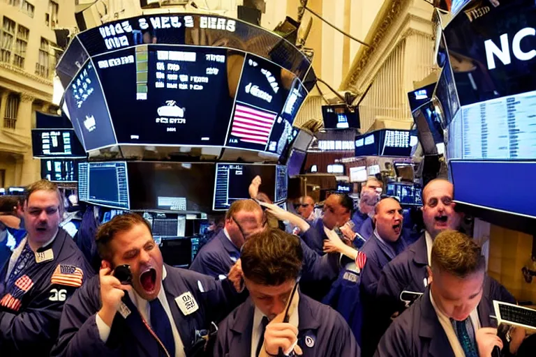 Prompt: bears screaming on the floor of the NYSE as the markets rally to all-time-highs, high definition color photograph