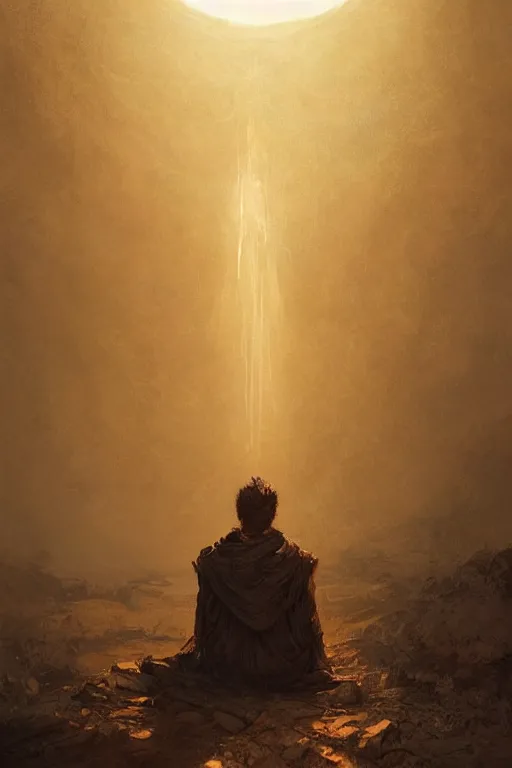 Image similar to lonely wanderer sitting at lap praying in desert, lit by the light of gods, abandoned by gods, hyperdetailed artstation cgsociety by greg rutkowski and by Gustave Dore