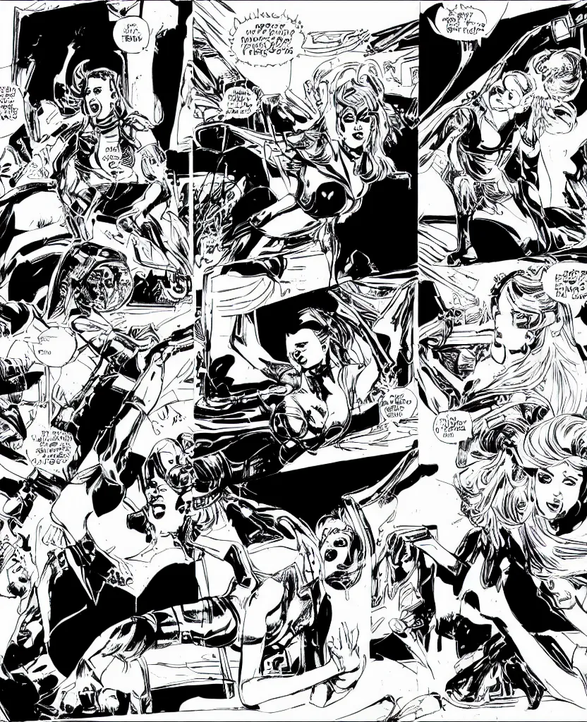 Prompt: comic page, multiple panels, kylie minogue as barbarella, sitting in the cockpit of her starship. drawn by pablo marcos. b & w. black and white.