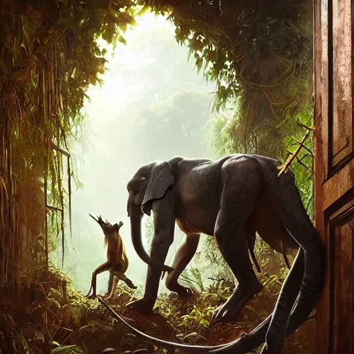 Image similar to animals of the jungle coming out of a doorway, painting by Greg Rutkowski, foliage, dramatic lighting, sharp focus