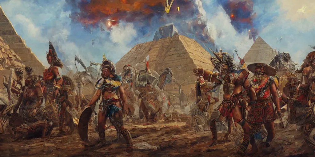 Image similar to simonetti rutkowski painting aztec warriors watching spaceship arriving to pyramid