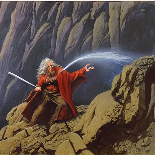 Image similar to Highly detailed oil painting of Gandalf fighting a Fire Dachshund on a narrow rock bridge, underground, intricate artwork by Angus McBride, John Howe, Matthew Stewart, Ted Nasmith, heroic fantasy