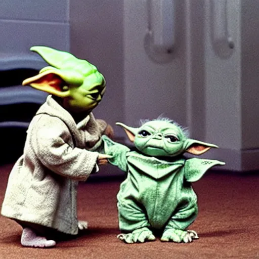 Image similar to baby yoda and yoda from empire strikes back playing with toys