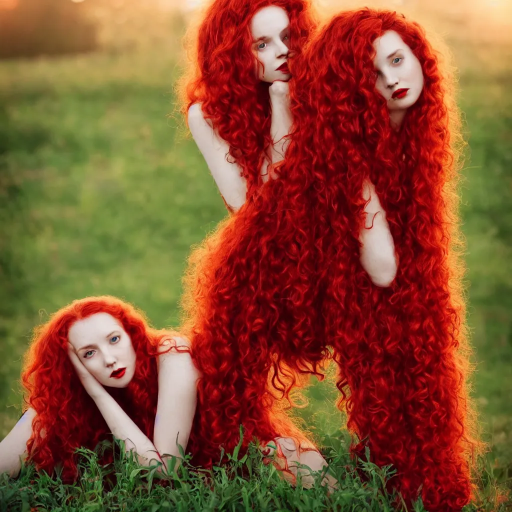 Prompt: a portrait photography of one beautiful woman with red long curly hair and full body dress in red by Flora Borsi, sitting in a spring garden, soft 4sunset lighting, pastel colors scheme, fine art photography, dramatic backgroung, 50 mm sigma art