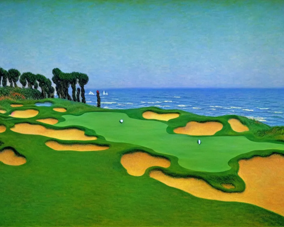 Image similar to achingly beautiful painting of bandon dunes golf course by rene magritte, monet, and turner.