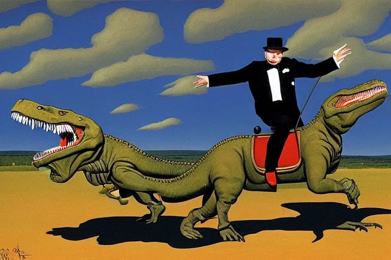 Image similar to Winston Churchill riding a T-Rex, painting by Jean Giraud and René Magritte