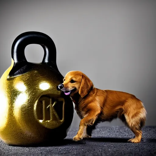 Image similar to A very small golden retriever, next to a huge kettlebell, award winning photo, 4k, highly detailed, 35mm lens, bokeh