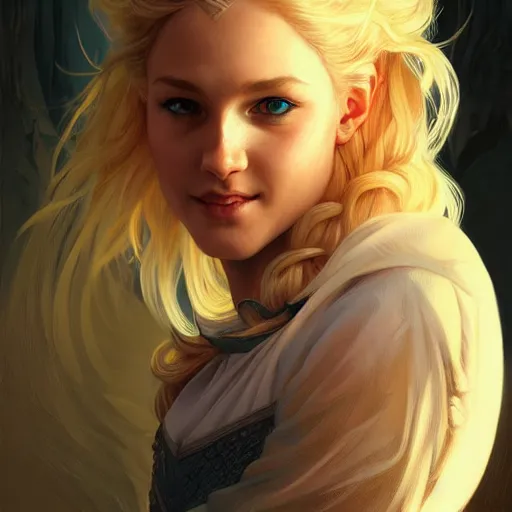 Prompt: an epic fantasy comic book style portrait painting of a young blonde girl thief, d & d, fantasy, joyful smirk, intricate, elegant, highly detailed, digital painting, artstation, concept art, matte, sharp focus, illustration, art by artgerm and greg rutkowski and alphonse mucha, 8 k