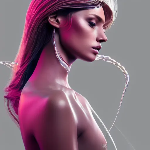 Image similar to a highly detailed digital image of an elegantly posed futuristic woman beautifully intertwined in chromatic liquid like leaves, full body shot, by Andrew Chiampo, artstation, and Frederik Heyman, extremely detailed woman, stunning volumetric lighting, hyper realism, fantasy 4k