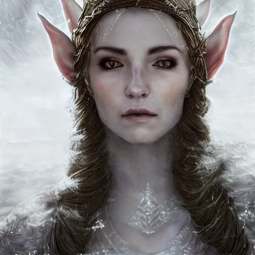 Image similar to a closeup portrait of an elven sorceress from skyrim wearing a white dress, fantasy setting, cold environment, serene colors, soft lighting, atmospheric, cinematic, moody, in the style of diego koi, gina heyer, luiz escanuela, art by alyssa monk, depth, hyperrealism, rule of thirds, golden ratio, oil on canvas, 8 k