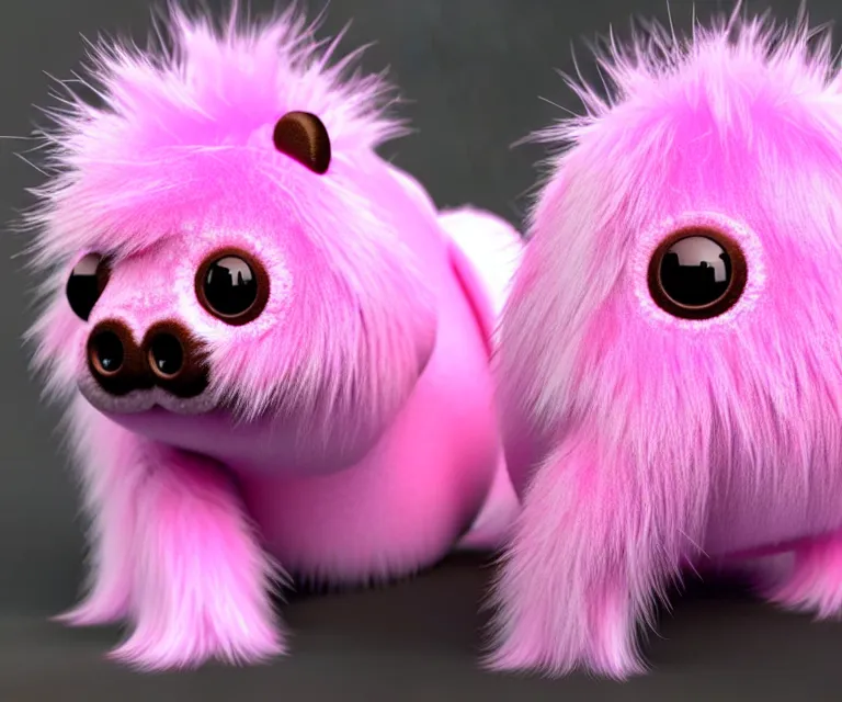 Image similar to high quality 3 d render hyperrealist very cute small tardiradiant, plush mascot, long spiky fluffy smooth hair, photo from the side, pink fluffy fur, vray, smooth background, artstation, ultra detailed