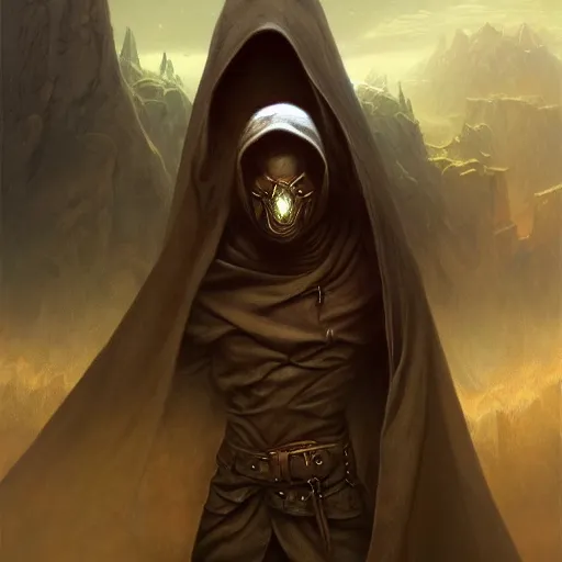 Prompt: mysterious male rogue wearing a cloak on an alien world, covered face, stern expression, main character, detailed, sci - fi, digital painting, artstation, sharp focus, illustration, artgerm, tomasz alen kopera, peter mohrbacher, donato giancola, joseph christian leyendecker, wlop, frank frazetta