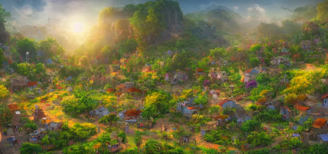 Image similar to Look of a village powered by solar power and sustainability, full daylight, morning, cartoon moody scene, digital art, 8k, colorful details of lush nature covering the streets
