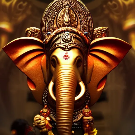 Prompt: Ganesha, 8k, highly realistic, hyper detailed, unreal engine 5, IMAX quality, realistic, cinematic, epic lighting, backlight, trending on Artstation, CG society, in the style of Ina Wong, Greg Rutkoeski, Ridley ScottAlphose Mucha