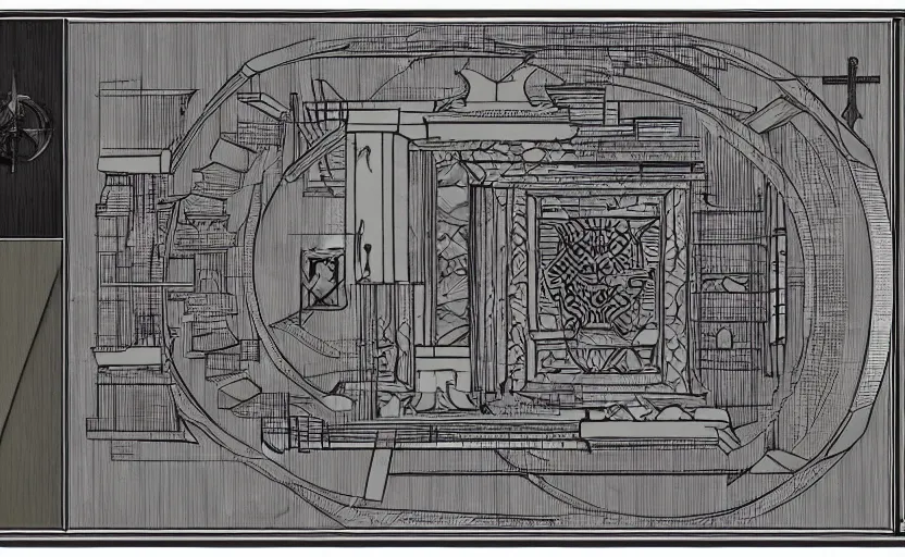 Image similar to schematic for a futuristic sacrificial altar to the horrible god vecna