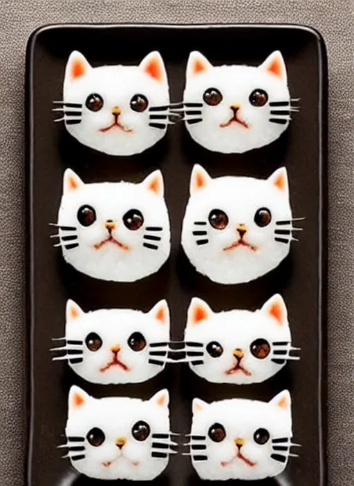 Image similar to clear photorealistic picture of adorable cats made from sushi rice, sitting on sushi plates with garnish