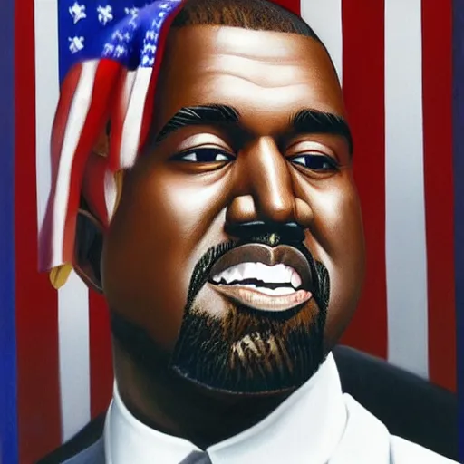 Prompt: Kanye West as the President of America wearing a Suit in front of the American Flag by Greg Hildebrandt