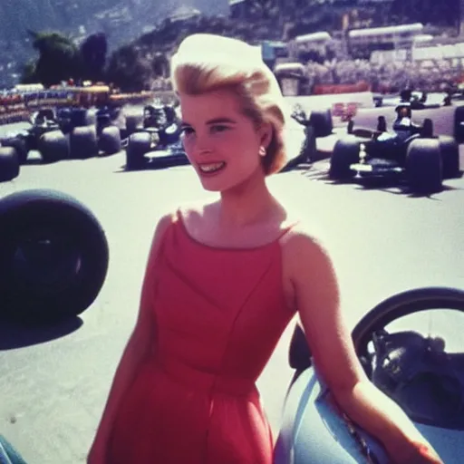 Image similar to selfie smartphone photo of a young Grace Kelly at the Monaco Gran Prix, F1 cars blurred in background, iphone photo, smartphone resolution, trending on instagram, influencer photography