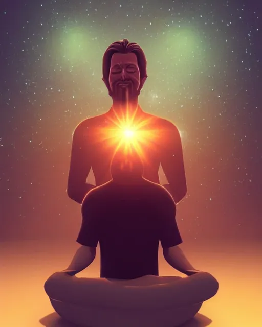 Prompt: alan watts grinning meditating floating hair cinematic in galaxy universe realistic dramatic backlit stylized soft airbrush painting highly detailed, subsurface scattering, 3d render senior artist, photorealistic, textured, featured on artstation