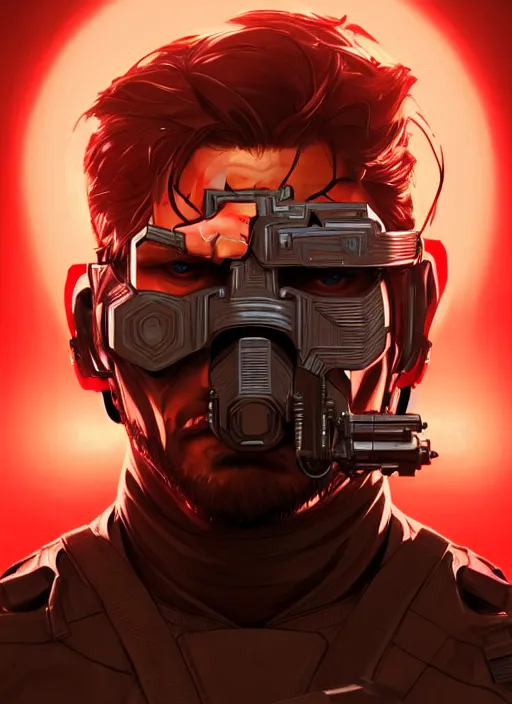 Image similar to symmetry!! portrait of solid snake, metal gear solid, tech wear, glowing lights!! intricate, elegant, highly detailed, digital painting, artstation, concept art, smooth, sharp focus, illustration, art by artgerm and greg rutkowski and alphonse mucha