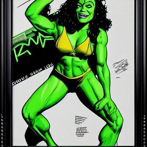 Prompt: Actress Rosario Dawson as She-Hulk, smiling, poster framed, comic pinup style, sports illustrated, detailed legs, artstation, illustration, posterized