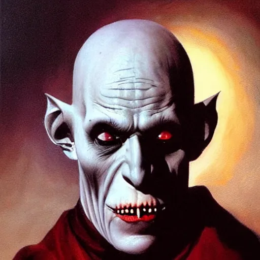 Image similar to ultra realistic portrait painting of nosferatu, art by frank frazetta, 4 k, ultra realistic, highly detailed, epic lighting