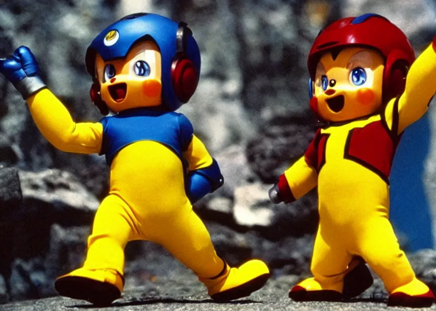 Prompt: Megaman as Pikachu, film still, 1990