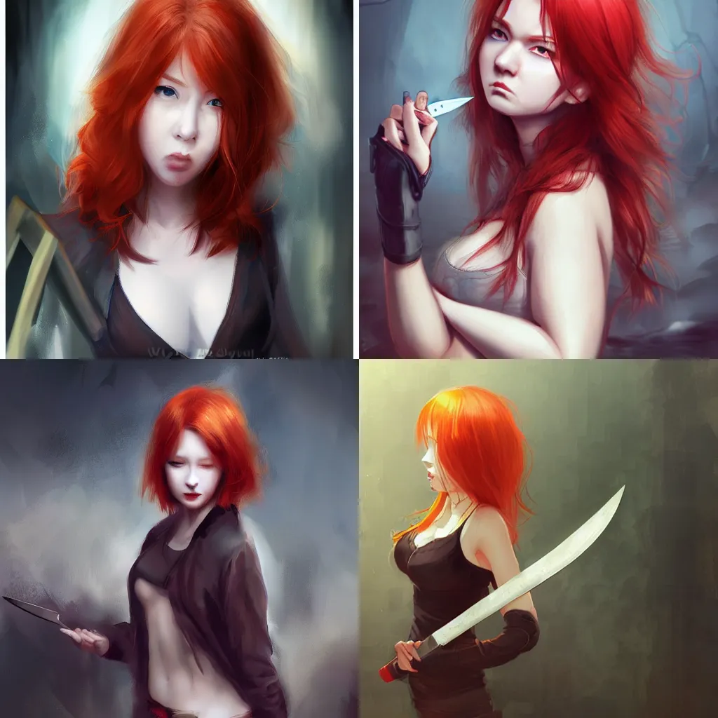 Prompt: A redheaded young woman, angry expression, flushed face, adventuring clothes, wielding a knife, fantasy digital art by WLOP, trending on pixiv