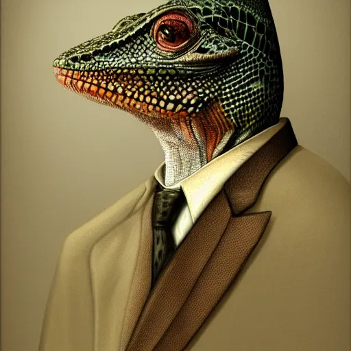 Image similar to a highly detailed portrait of an anthropomorphic lizard man with bright scaly skin wearing a well tailored business suit and tie, 8 k, 4 k, highly detailed, sharp,