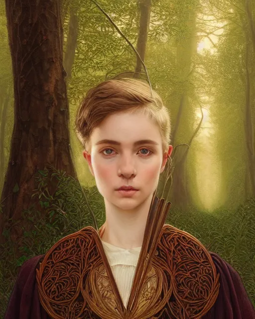 Image similar to symmetry portrait of welsh brunette student in mans tunic, embroidery, trees, tomboy, short hair, intricate forest background, intricate, elegant, highly detailed, digital painting, artstation, concept art, smooth, sharp focus, illustration, art by artgerm and greg rutkowski and fra angelico and alphons mucha