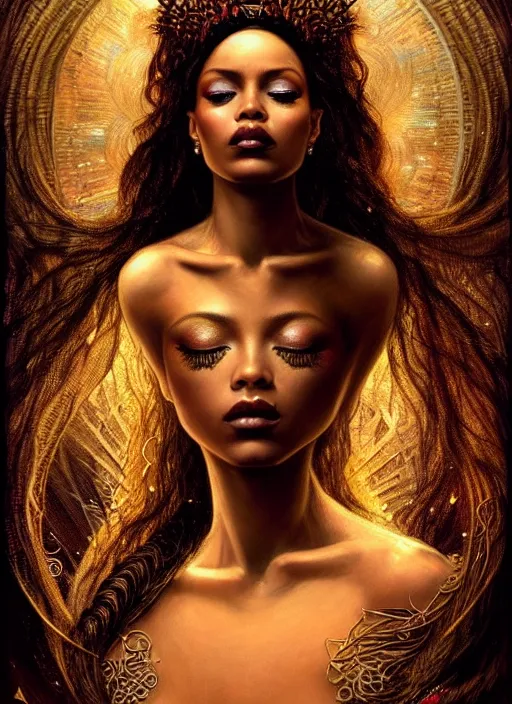 Prompt: portrait of mermaid queen, zoom, rule of thirds, atmosphere, intricate, regal, latinas, ( brown skin ), symmetrical!!, loreal, maybelline, sephora, loreal, artstation, art by karol bak ( ( cinematic ) ), concept art, filmic, vsco