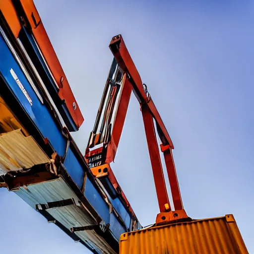 Prompt: high quality, digital photography of a crane lifting a container, shot from the ground, looking up, close shot, clear sky