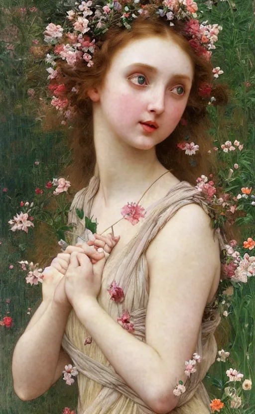 Prompt: a realistic oil painting of a girl resembling lily cole, covered in tons of flowers, highly detailed, intricate, detailed background, fairytale, artstation, by mucha, by william adolphe bouguereau, by waterhouse