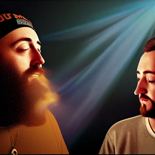 Image similar to a ultra detail picture portrait of Mac Miller and Jesus smoking a joint in heaven, 8k, photorealistic
