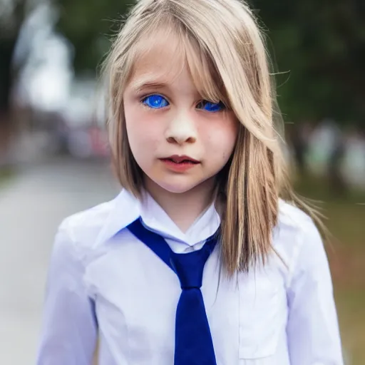 Prompt: a girl with blue eyes is wearing a tie and a white shirt