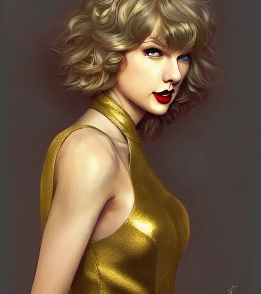 Prompt: taylor swift wearing a golden dress, grey hair, red necktie, cinematic, stunning, highly detailed, digital painting, artstation, smooth, hard focus, full body shot, illustration, art by artgerm and greg rutkowski and alphonse mucha