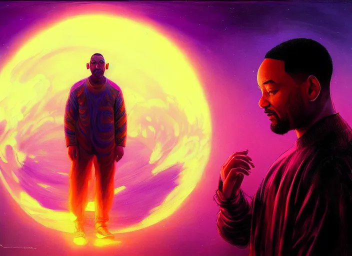 Prompt: A psychedelic portrait of will smith pondering orb, vibrant color scheme, highly detailed, in the style of romanticism, cinematic, artstation, Moebius, Greg rutkowski