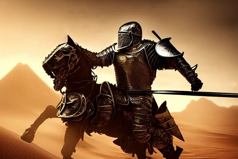 Prompt: A Knight fighting in the desert, Charismatic Character, dust and blood in the air, Gold and Silver Armour Suit, black iron sword, close to defeat, Dramatic Scene, Heroic Battle Scene, dark, intricate, cinematic lighting, highly detailed, digital art, trending on Artstation, 8k, photorealistic, dramatic, volumetric lighting, hyper realistic