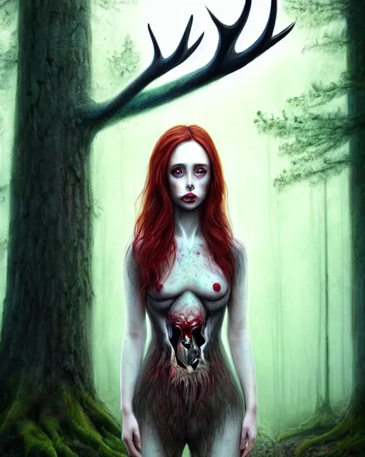 Image similar to surrounded by trees, full body realistic character concept, gorgeous Kacey Rohl, red hair, small freckles, Wendigo creature antlers deer skull face, symmetrical face, symmetrical eyes, covered in blood, dark forest, trees, shorter neck, cinematic lighting, Joshua Middleton and artgerm, fear anxiety terror