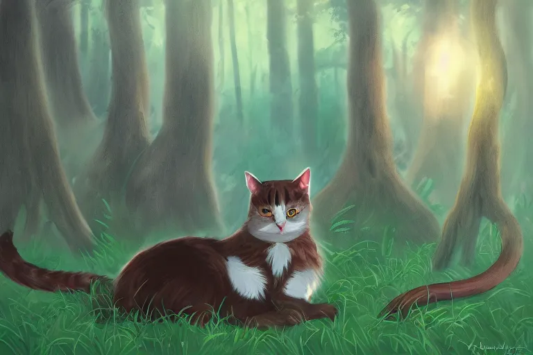 Image similar to cat in the forest, frontlighting, digital art, trending on artstation, fanart, by kawacy