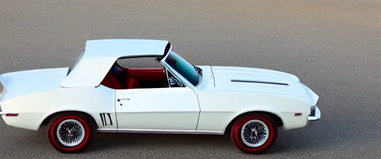 Image similar to Ermine White Chevrolet Camaro Z/28 Convertible (1967), soft top, red interior, widest shot, zoom out, created by Barclay Shaw