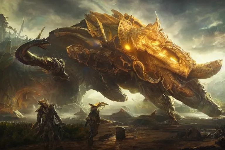 Prompt: ultra realist soft painting of an epicarmy facing an innomable gigantic creature, very intricate details, golden ratio, volumetric rainbow lighting, reflections, refractions, symmetry accurate anatomy features, fantasy war scene background, unreal render