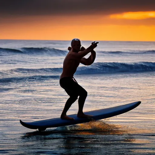 Prompt: photo realistic, high detail, rabbi surfing at venice beach at sunrise, 8 5 m sigma art lens