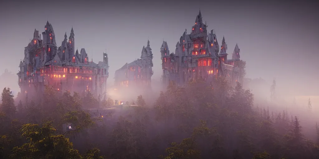 Prompt: a highly detailed photo of a futuristic castle surrounded by a mist shot during twilight on 3 0 mm film painted by alena aenami, rendered in unreal engine