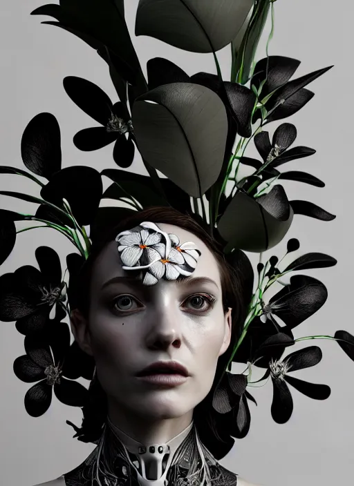 Image similar to monochrome 3 d model, biomechanical young female cyborg with porcelain profile face and a big floral eye, volumetric light, big leaves foliage and stems, hibiscus flowers, boho floral vines, sinuous fine roots, fine foliage lace, alexander mcqueen, rim light, art nouveau fashion pearl embroidered collar, steampunk, octane render, 8 k