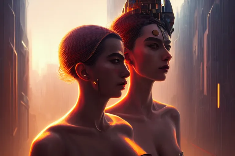 Image similar to surreal Portrait of goddes of war in cyberpunk city, elegant, highly detailed, smooth, sharp focus, illustration, beautiful, geometric, dmt trending on artstation, cinematic, artwork by WLOP